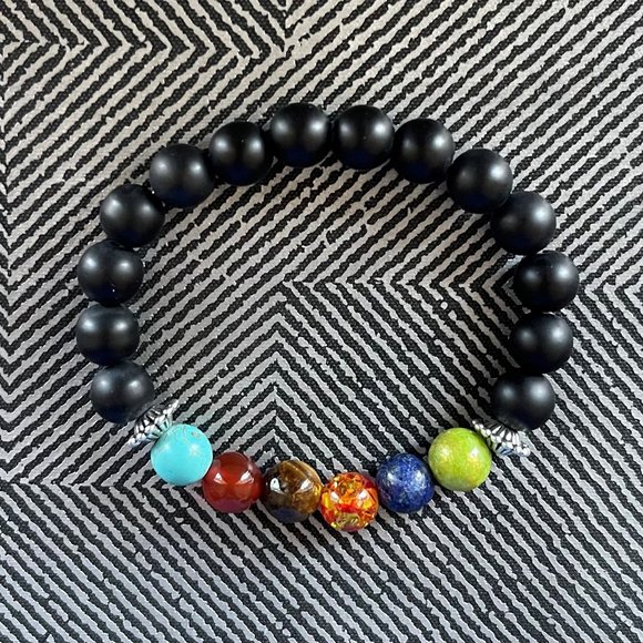 10mm Chakra and Black Matte Onyx Agate Gemstone Stretch Bracelet - Picture 2 of 7